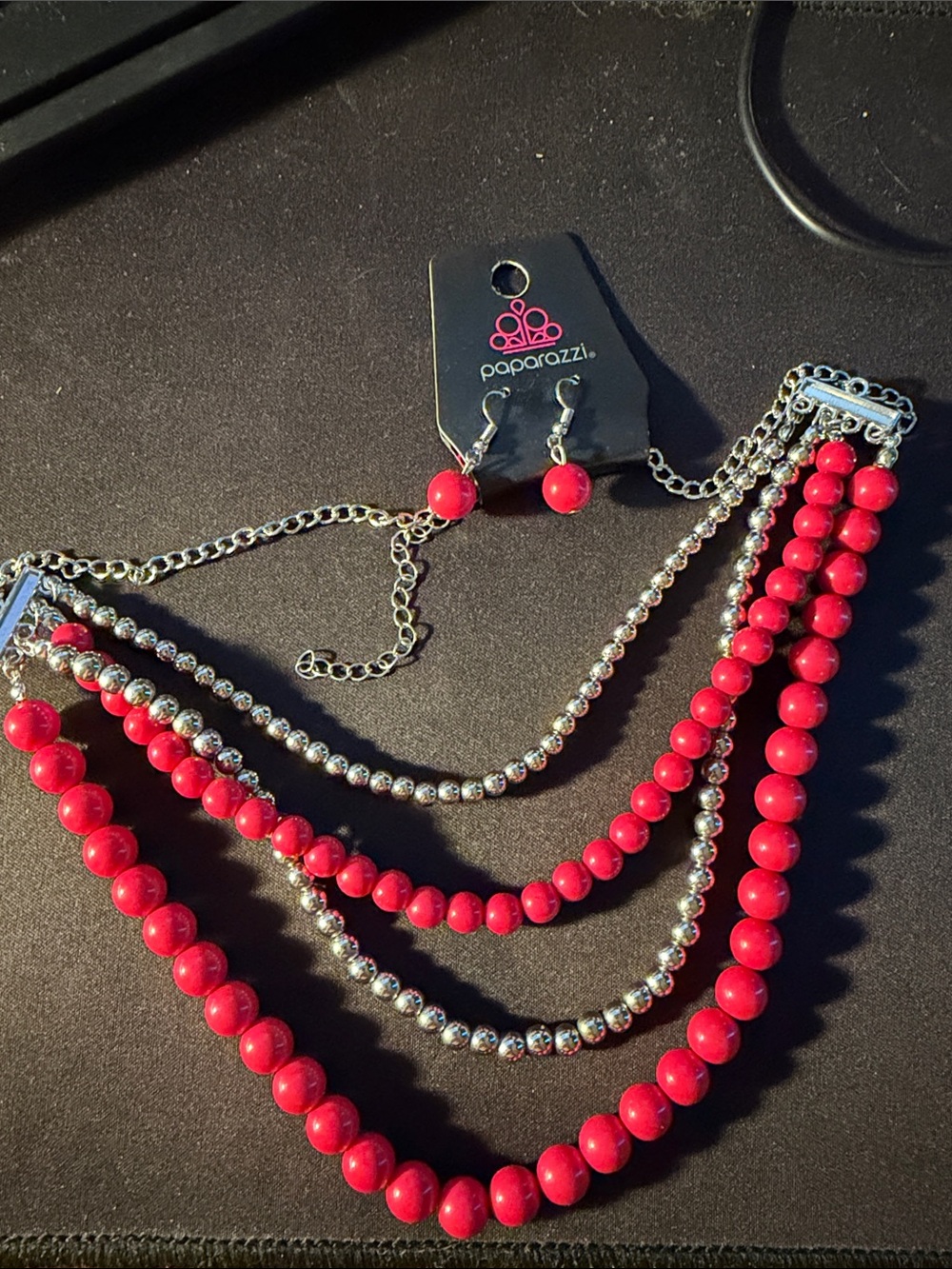 paparazzi Bright pink Multi-Strand Beaded Necklace with Matching Earrings